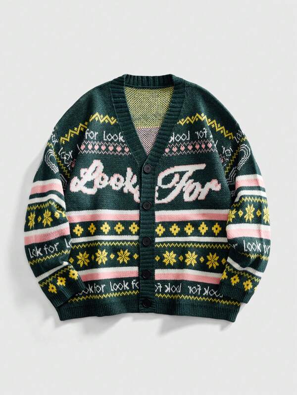 ROMWE MEN Street Life Men's Colorful Letter Jacquard Knit Cardigan