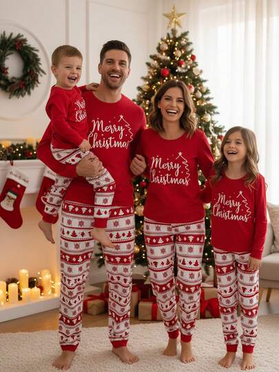 SHEIN 1 Conjunto de pijamas navideños para niñas, parte superior de manga larga ajustada con estampado decorativo de árbol de Navidad y texto "Feliz Navidad", pantalones largos de bloques de color contrastante con patrones de árbol de Navidad y copos de nieve, conjunto de ropa de dormir suave y cómoda (se vende por separado en 4 conjuntos)