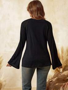 Boho Mama Black Maternity T-Shirt With Lace Trim And Flared Sleeves, Made Of Cotton-Feel Fabric, Bohemian Style, Long-Sleeved Maternity T-Shirt For Autumn And Winter. - Black - View 5