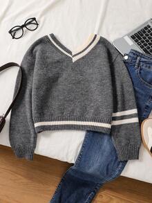 SHEIN Teenage Girls' Casual Knit Sweater,Grey Color Block V-Neck Pullover,Back-To-School Style,Autumn Holiday School Uniform Girl Jumper Tween Sweatshirts - Grey - View 2