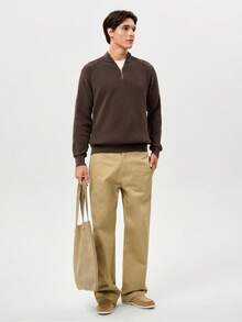 RONVEXI Men's Solid Color Stand Collar Half Zip Casual Long Sleeve Pullover Sweater - Coffee Brown - View 6