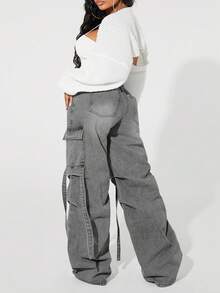 SHEIN ICON Plus Size Solid Color Casual Versatile Wide Leg Cargo Jeans - Light Grey - View 7