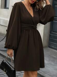 Vionelle Plus Size Women's Crossover V-Neck Twist Waist A-Line Puff Sleeve Lantern Sleeve Dress, Angora Red, Elegant, Sophisticated, Romantic French Retro Street Casual Minimalist Versatile, Suitable For Halloween, Christmas, Thanksgiving, Afternoon Tea Party, Autumn/Winter Chocolate Brown Dress Brown Elegant Dress Women Coffee Brown Dress Dark Brown Dress - Chocolate Brown - View 1