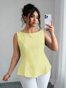 Elenzga Áo cánh hở lưng thanh lịch màu trơn cỡ lớn cho nữ - Vàng nhạt - Xem 4