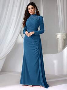 Coutiva 女士立领仿珍珠装饰长款晚礼服 - 霧霾藍 - 查看 6