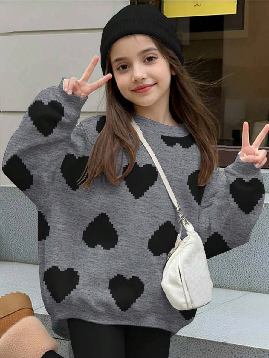 Tween Girl Casual Loose Fit Crew Neck Comfortable Long Sleeve Sweatshirt, Suitable For Autumn/Winter, Classic Pixel Heart Print Design