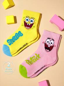 SpongeBob SquarePants | SHEIN 2双装纯棉柔软透气吸湿儿童中筒袜，黄粉色可爱卡通图案，加固趾部和后跟，经久耐穿，男女通用，四季皆宜，适合学校和户外活动，夏季和冬季均可穿着。帕特里克 - 彩色 - 查看 2