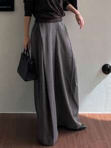 DAZY 女士休闲宽松条纹口袋阔腿裤秋冬 - 灰色 - 查看 5