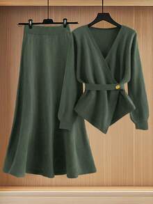 GlowEve New Elegant Button Decor Pullover Sweater, Minimalist European & American Style Fashion Knit Top - Army Green - View 5