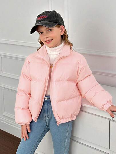 SHEIN Tween Girl Solid Color Stand Collar Thickened Loose Casual Short Padded Coat, Jacket For Tweens, Puffer Jacket Kids, Tween Winter Jacket, Girl Clothes Autumn And Winter Clothes, Tween Girl Jackets