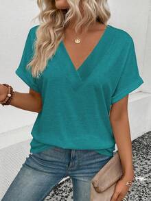 EMERY ROSE Women's Casual Solid Color V-Neck Short Sleeve T-Shirt, Summer - Blue - View 6