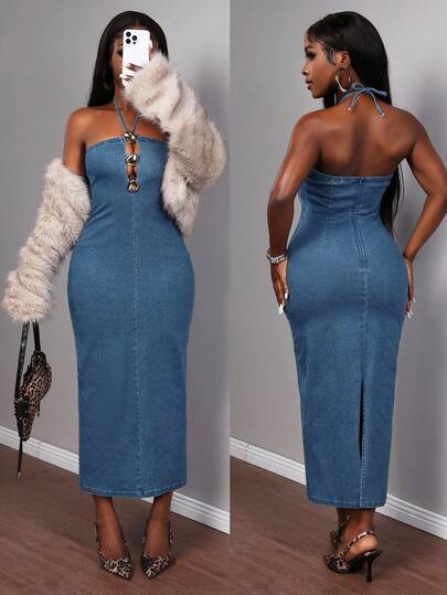 Slaydiva 女式露背镂空修身性感无袖牛仔连衣裙