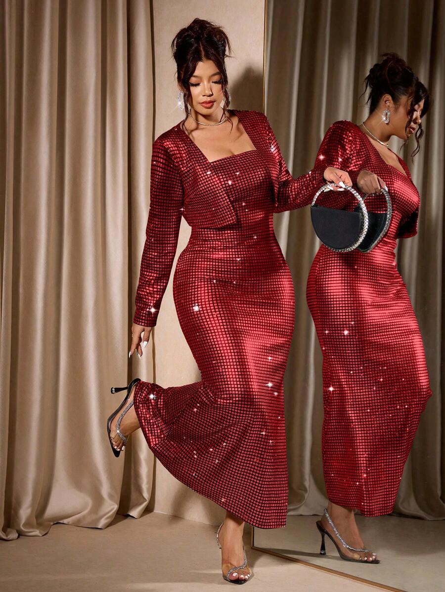 Cravure Plus Size Women Silver Foil Sexy Bandeau Cinched Waist Mermaid Hem Bodycon Dress With Small Cardigan Outerwear 2 Piece Set