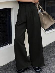 女士休闲纯色褶皱宽松西装裤，秋季款 - 黑色 - 查看 3