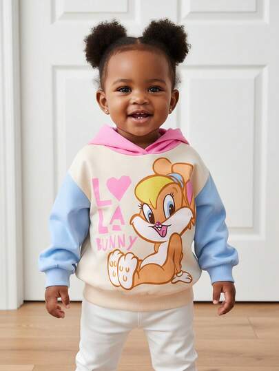 LOONEY TUNES X SHEIN Baby Girls' Cute Cartoon Rabbit Pattern Color Block Hoodie Pullover Sweatshirt, Casual And Versatile Fall Winter