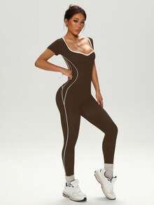 Dewbera Macacão Esportivo Sem Costas de Alta Elasticidade com Contraste de Cores, Moda, Fitness, Yoga - Castanho - Visão 7