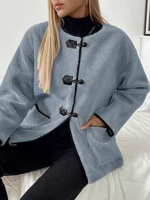 SHEIN LUNE 圆领撞色牛角扣宽松羊毛外套