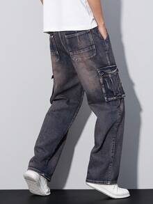 Manfinity Hypemode 男士休闲水洗翻盖口袋直筒牛仔裤，秋季款 - 彩色 - 查看 2