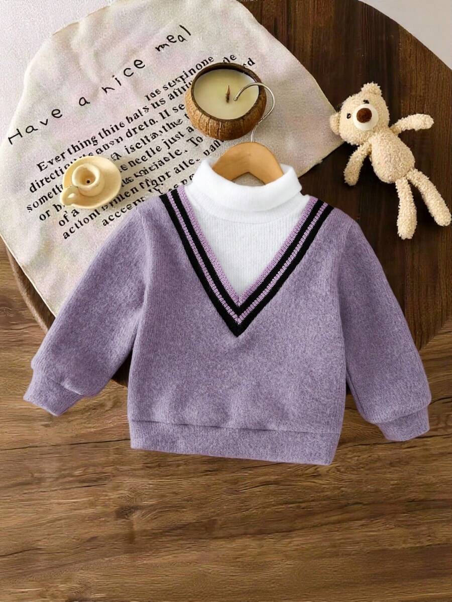 SHEIN 男婴V领二合一针织毛衣，高领针织套头衫，适合秋冬季 - 紫色 - 查看 1