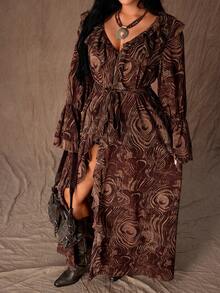 Rustia Party Plus Size Ruffle Hem Asymmetrical Flared Hem Printed Dress - Green - View 7
