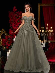 Glamrae Elegant Vanilla Green Off Shoulder Luxury 3D Applique Super Flared A-Line Dress With Adjustable Tie, Suitable For Dates, Singles Parties, Weddings, Vacations, Back To School, Photoshoots, Birthdays, Formal Occasions - Olive Green - View 7