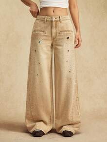 Easelle Quần jeans ống rộng dáng rộng thiết kế gợi cảm dành cho nữ, phong cách thoải mái - Màu Khaki - Xem 7