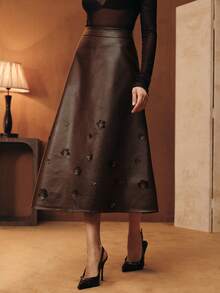 Anewsta 优雅复古高端时尚3D花卉装饰A字棕色半身裙，百搭 - 棕色 - 查看 4