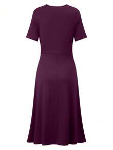 SHEIN Clasi Đầm Maxi xếp ly tay ngắn cổ chữ V màu đỏ tía cho nữ - màu đỏ đậm - Xem 2