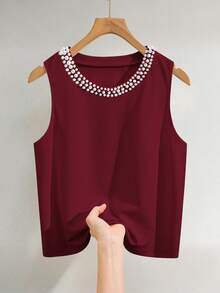 Franclia Plus Size Solid Color Minimalist Casual Pearl Decor Sleeveless Tank Top - Burgundy - View 3