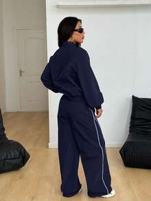 Coolane Women's Winter Clothes Streetwear Casual Athleisure Going Out Reflective Lapel Coat And Parachute Pants Pants Navy Blue ,2pcs,Fall,Fall Clothes For Women - Navy Blue - View 2