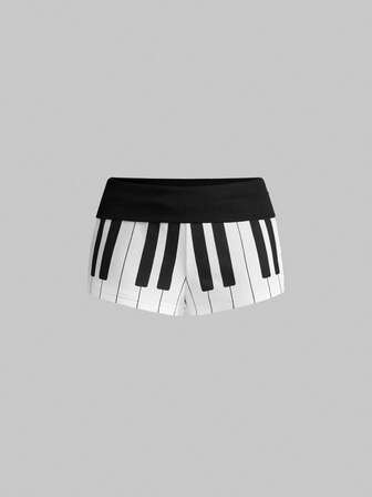 Damen Y2K Sexy Ultra Tief Taillierte Falten Taille Piano Tastatur Muster Skinny Super Kurze Shorts