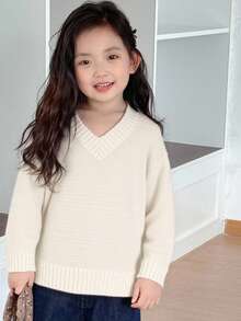 DAZY Girls V-Neck Loose Casual Sweater, Young Girl Fall Clothes - Beige - View 3