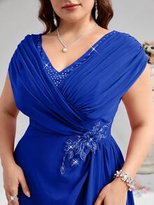 Coutiva 优雅派对水钻珍珠装饰加大码新娘母亲礼服 - 寶藍色 - 查看 4