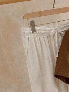 HIMLAND 男士休闲梭织染色提花波浪图案V领亚麻短袖衬衫套装（2件/套）