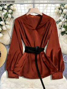 GlowEve Elegant French Style Loose V-Neck Pleated Lantern Sleeve Satin Blouse, Versatile Casual Shirt For Women, Suitable For Autumn Daily Wear And Holidays - Brown - View 1