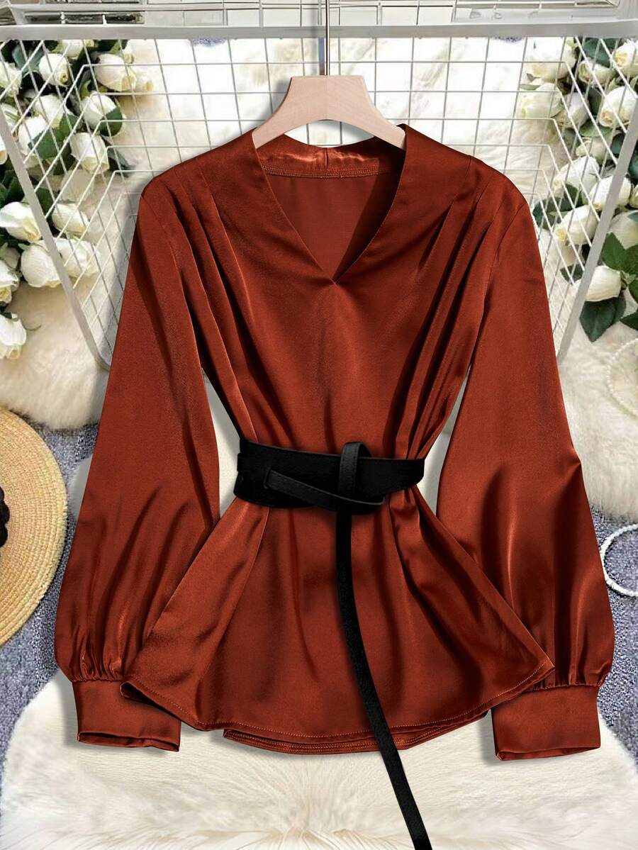 GlowEve Elegant French Style Loose V-Neck Pleated Lantern Sleeve Satin Blouse, Versatile Casual Shirt For Women, Suitable For Autumn Daily Wear And Holidays - Brown - View 1