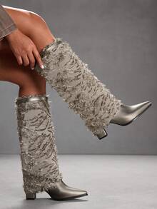 CUCCOO SZL Bottes hautes à bout pointu et talon épais pour femmes, automne/hiver - Gris pâle - Voir 2