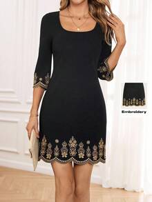 Miaspire Woman's Square Neck Elegant Slim-Fit Embroidered Dress. - Black - View 3