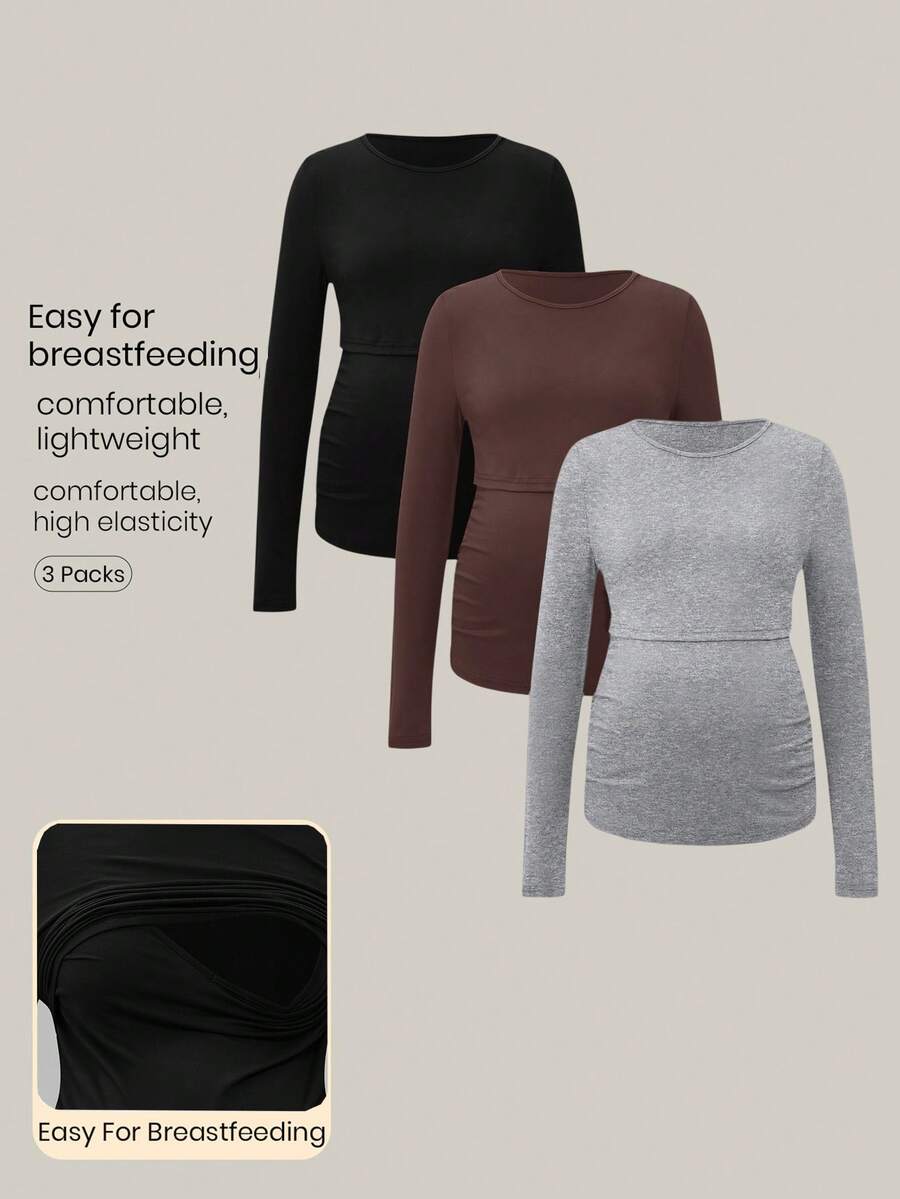Modmama 3 件孕妇休闲纯色长袖哺乳 T 恤，适合日常穿着，春秋季 - 彩色 - 查看 1