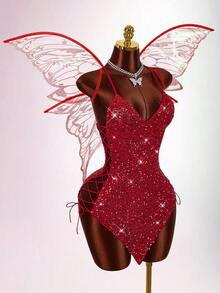 Amplova 万圣节仙女 COS 亮片镂空交叉绑带女装 - 紅色 - 查看 1