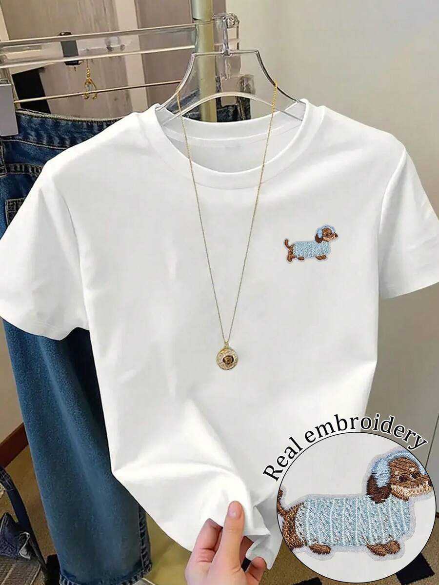 Resyla Women's Casual Dachshund Embroidery Round Neck Short Sleeve T-Shirt, Versatile