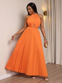 Xyvia 女士橙色交叉褶皱胸部设计A字喇叭连衣裙，露背挂脖系带设计，性感优雅，适合生日、约会、派对、鸡尾酒会、独立日、光棍节、返校季、万圣节、平安夜、感恩节等场合。 - 亮橙色 - 查看 8
