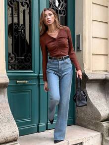 SHEIN PariChic Vintage Chic Coffee Brown Autumn Casual Everyday Textured V-Neck Single-Row Button Ruched Slim-Fit Long-Sleeve Knitted Cardigan T-Shirt Retro Blouse - Brown - View 6