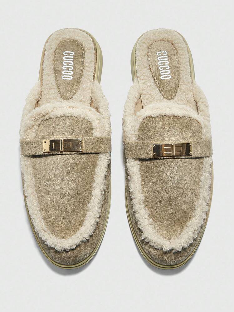 CUCCOO BIZCHIC Women's Comfortable Faux Suede Fluffy Slip-On Flat Mules, Versatile For Commuting, Outdoor, Work, Daily Wear For Christmas Spring Shoes