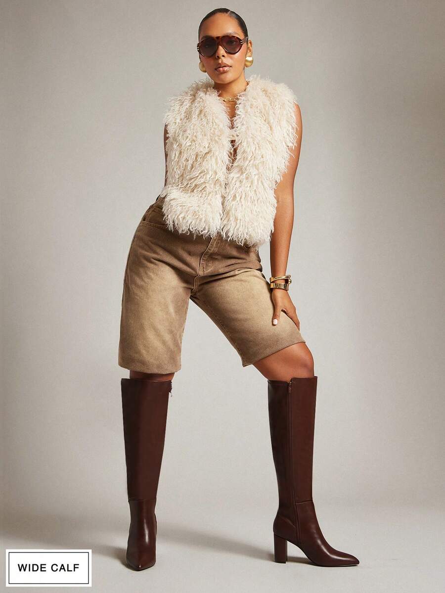 SHUZIA 女式宽筒杏仁头粗跟及膝靴 - 棕色 - 查看 1