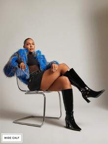 SHUZIA Women's Wide Triple Buckle Pointed Toe Block Heel Black Pat Knee High Boots – Sleek Style For Fall Looks & Confident Curves For Christmas - Black - View 3