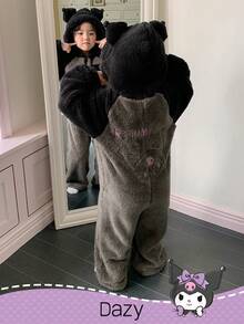 DAZY HELLO KITTY AND FRIENDS | SHEIN Young Girl Embroidered Color Block Hooded Long Sleeve Jumpsuit Pajama Thermal Lined, Winter - Black - View 4