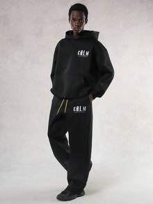 DAZY Men's Letter Embroidery Design Fleece Hoodie Set, Autumn/Winter - Black - View 5