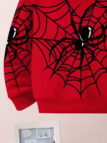 SHEIN 2 件套年轻男孩休闲时尚勇敢酷蜘蛛网印花宽松连帽运动衫套装，适合秋冬季 - 彩色 - 查看 6