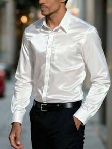 Manfinity Mode 男士商务休闲胸带设计斜纹长袖衬衫 - 白色 - 查看 3